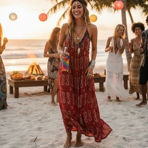 Zara Boho Metallic Coin Maxi Dress Size L